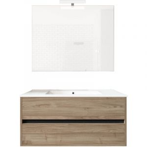 Ensemble de salle de bain meuble suspendu 100cm double edge bois clair - Vasque - Miroir - Applique