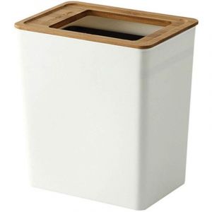 Poubelle en plastique ultra fine, corbeille rectangulaire de 7,5 litres avec couvercle en bambou ouvert pour salle de bain, cuisine, bureau &agrave; domicile