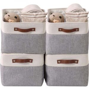 paniers de rangement pliables en tissu cationique robuste et pliable avec poignées pour étagère pour chambre d'enfant ou penderie (Gris et blanc,