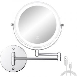 Miroir de courtoisie mural, miroir de rasage double face grossissant 1x/7x de 8 pouces pour salle de bain avec 3 lumi&egrave;res de couleur