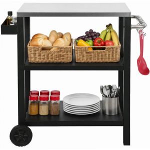 Wolketon Chariot de barbecue ext&eacute;rieur &agrave; 3 &eacute;tages, table de grill avec plateau en acier inoxydable, desserte roulante multifonctionnelle, noir