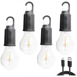 Lampe de camping rechargeable, 4 paquets d'ampoule de tente suspendue avec crochet, modes d'éclairage, lampe de tente pour le camping, la randonnée,