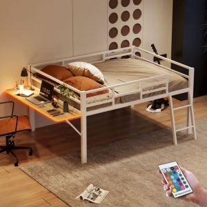 Lit mezzanine 140x200 cm, avec bureau rabattable, LED, escalier, cadre en m&eacute;tal, sommier &agrave; lattes en bois, cl&ocirc;ture de s&eacute;curit&eacute;, lit enfant princesse