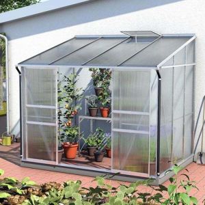 Serre adoss&eacute;e IDA 5200 - 5,20 m&sup2; polycarbonate avec porte coulissante et lucarne, Couleur Aluminium , Polycarbonate 4 mm