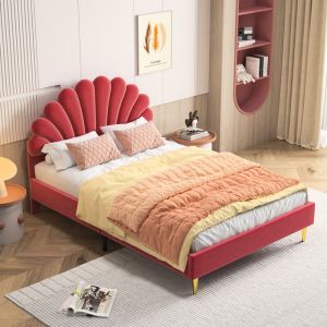 Sureh - lit 2 Personnes capitonné 140 x 200 avec sommier à lattes, lit fille, lit princesse, lit 140x200, velours, lit ado, rouge
