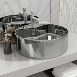 Design In - Vasque à poser Lavabo Évier à poser Bac à laver avec trop-plein 46,5 x 15,5 cm Céramique Argenté CVW73312
