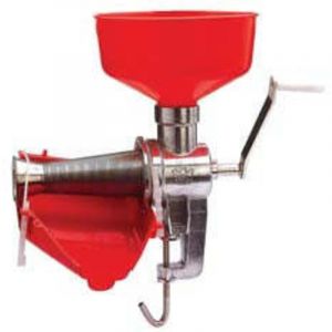 Presse-tomates manuel Pavi Marzanella entonnoir et glissie're dans corps de machine en pvc dans presse-tomates en aluminium avec fixation pour table