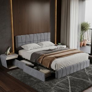 Lit double 160x200 cm avec 4 tiroirs, lit adulte avec sommier &agrave; lattes, lit tapiss&eacute; avec rangements, t&ecirc;te de lit r&eacute;glable en hauteur, velours, gris