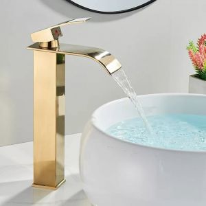 Mitigeur de lavabo-Robinet Lavabo doré Cascade,Mitigeur Salle Bain avec bec Hauteur Mitigeur Lavabo Cascade Chaude et Froide Réglable Robinet Salle
