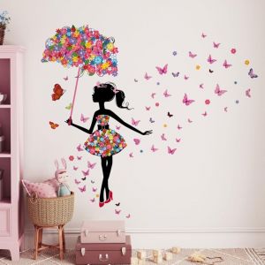 Linghhang - Stickers Muraux F&eacute;e Fleur Autocollants Mural Fille Papillon Stickers Muraux Fille Avec Parapluie pour Chambre de B&eacute;b&eacute; P&eacute;pini&egrave;re D'enfant