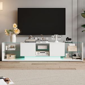 Meuble TV 200 cm, avec &eacute;clairage LED r&eacute;glable, 4 &eacute;tag&egrave;res ouvrantes en verre, 2 tiroirs, meuble tele, convient pour TV 90" - 200x39x42 cm (Blanc)