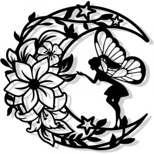 D&eacute;coration Murale M&eacute;tal Noire Deco Murale en M&eacute;tal de F&eacute;e de Fleur de Lune Sculptures D&eacute;coration Chambre des Filles Salon Jardin Salle de Bain (30 x