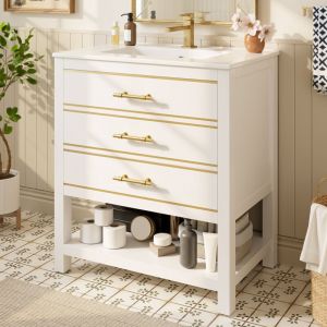 Meuble sous-vasque 76 cm avec vasque c&eacute;ramique, 2 tiroirs + niche, poign&eacute;e en m&eacute;tal dor&eacute;, MDF laqu&eacute; blanc