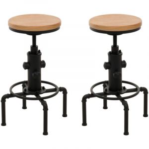HHG - Lot de 2 tabourets de bar 970, tabouret de bar r&eacute;glable en hauteur pivotant repose-pieds industriel fer massif-bois, naturel