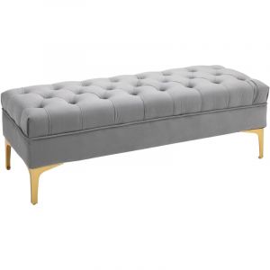 Banc banquette capitonn&eacute;e bout de lit style classique chic dim. 118L x 45l x 42H cm pi&egrave;tement m&eacute;tal dor&eacute; velours gris clair