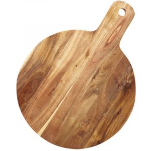 Planche &agrave; d&eacute;couper ronde en acacia avec poign&eacute;e