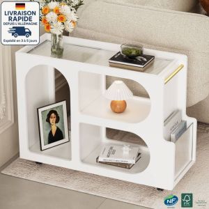 Modfu - Table de chevet 80 x 30 x 58,5 cm, table d'appoint avec roulettes verrouillables et verre tremp&eacute; de 5 mm d'&eacute;paisseur, blanche