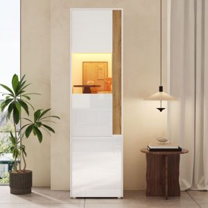 Vitrine Colonne Blanche avec &Eacute;clairage LED, Meuble Haut 179cm &agrave; 2 Portes, Biblioth&egrave;que de Rangement 50x40cm pour Salon