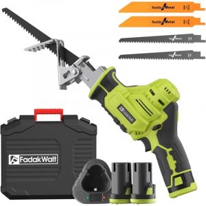 Scie Sabre Sans Fil,FADAKWALT 12V Scie Ego&icirc;ne Electrique sans Fil Vitesse Variable 0-2700RPM,vert scie sabre sans fil avec batterie 2