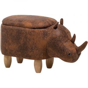 Petit Tabouret Pouf pour Enfant 35 cm de Hauteur en Forme de Rhinoc&eacute;ros Cuir PU Marron avec Coffre de Rangement et Pieds en Bois Beliani