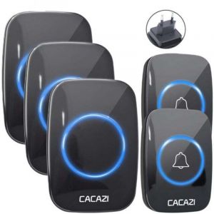 Sonnette sans Fil,Carillon sans Fil Exterieur Etanche 300M de Port&eacute;e 58 M&eacute;lodies au 5 Niveau Volume 2 Emetteurs et 3 R&eacute;cepteurs Enfichables Noir