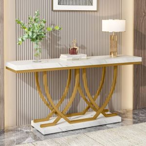 Tribesigns - Table Console, Table d'entrée Moderne, Table de canapé doré derrière Le canapé, Meuble d'Entrée en Faux Marbre, Cadre en Métal Doré,