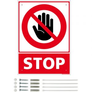 Panneau de signalisation prépercé PVC ou ALU rectangulaire + kit de fixation - Main stop - PVC 1 mm - 300 x 420 mm