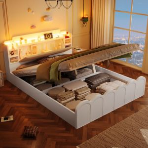 Lit coffre adulte 140x200 cm avec rangement hydraulique, LED et ports USB/Type-C, t&ecirc;te de lit avec niches, pin blanc