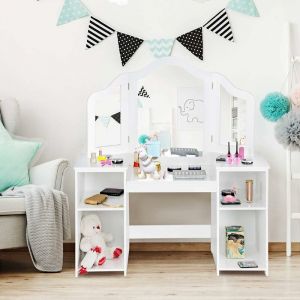 Costway - Coiffeuse pour Enfants 2 en 1 avec Miroir Amovible, Bureau Enfant avec 4 Étagères de Style Princesse pour Filles, Blanc