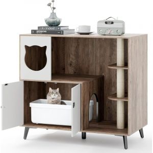 GOPLUS Meuble Litiere Chat avec Arbre a Chats, 100 x 50 x 90CM, Cache Litiere Chat avec Poteau &agrave; Gratter en Sisal, Condo, Entr&eacute;e Lat&eacute;ral, &Eacute;tag&egrave;re 3