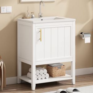 Meuble de salle de bain simple vasque, meuble sous-vasque 60 cm avec vasque en c&eacute;ramique, avec &eacute;tag&egrave;re, meuble de salle de bain, Blanc