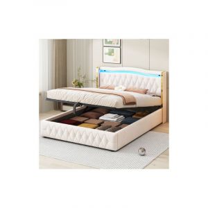 Lit coffre 160x200 cm lit adulte avec éclairage LED télécommandé, décor diamant clair, velours, sans matelas, beige