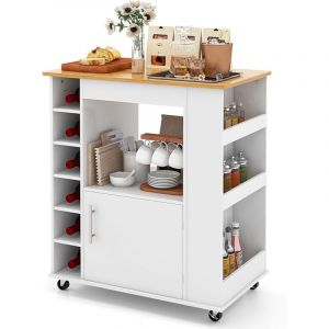 COSTWAY Desserte de Cuisine sur roulettes, Chariot Ilot de Cuisine Comptoir en Bambou, Casier &agrave; Vin pour 6 Bouteilles, Support &agrave; &Eacute;pices, Roues