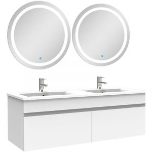 Biubiubath Ensemble de meuble Salle de Bain 120cm Blanc double vasque + Deux Miroir Lumineux Rond