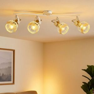 Spot de plafond 4 flammes m&eacute;tal Plafonnier bois E27 Barre de spot 4 flammes blanche, spot orientable, 4x E27, LxlxH 72x32x20 cm