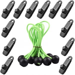 24 Pcs Clip de Tente B&acirc;che avec 12x Pince pour bache et 12x Tendeur Corde Elastique, Pince a oeillet pour bache Camping Accessoires pour Tentes,