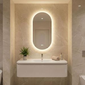 Miroir de salle de bain - Miroir mural ovale avec &eacute;clairage - Anti-bu&eacute;e - 2 modes d'&eacute;clairage - 50 x 90 cm - Blanc