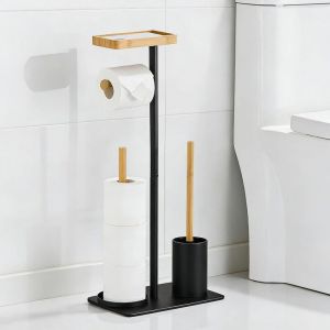 Porte Papier Toilette sur Pied avec Brosse WC Support Papier WC Rangement sans Percage pour 4 Rouleaux, Bois Noir, Carr&eacute;