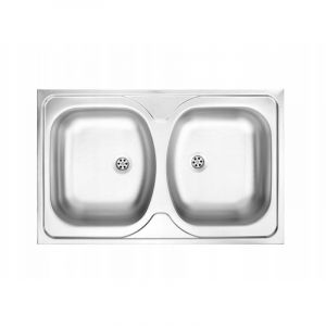 &Eacute;vier en acier, 2 bacs, &agrave; poser, 80x50, satin&eacute;, avec siphon Apollo