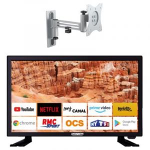 PACK ANTARION TV LED 18.5" 47cm T&eacute;l&eacute;viseur HD Android 11.0 + Support TV Camping car 180&deg; Charge max 15kg