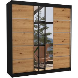 Les Tendances - Armoire chambre adulte 2 portes coulissantes bois noir et bois artisan avec miroir Baker 200cm