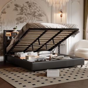 Lit 180x200cm - Lit Coffre 180 et Sommier - T&ecirc;te de Lit LED RGB, Rangement Int&eacute;gr&eacute; & Ports de Charge - PU Noir