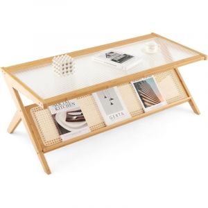 Table Basse, Table Salon 120 cm en Bambou avec Plateau en Verre Trempé, Porte-Revues en Rotin, Table Basse Design Naturel, Style Bohême, pour Salon,