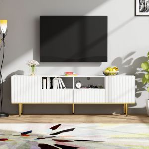 Modfu - Meuble tv avec 2 tiroirs et 2 portes, 165 x 36 x 55 cm, pieds dor&eacute;s, compatible avec t&eacute;l&eacute;viseur 69 pouces, charge maximale 50 kg, blanc