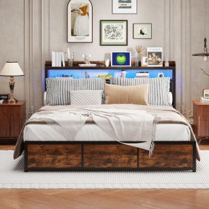 Lit Double 140x200, Lit 140x200 avec 4 Tiroir, Lit Adulte LED, Lit Capitonn&eacute; T&ecirc;te de Lit avec Rangement, Cadre de Lit Sommier &agrave; Lattes, Lit en Bois