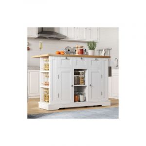 Desserte de cuisine avec 5 roulettes, tiroir, &eacute;tag&egrave;re &agrave; &eacute;pices, porte-serviettes, prise de courant int&eacute;gr&eacute;e, plan de travail rabattable, blanc et