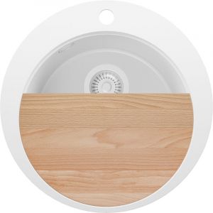 Primagran - Evier cuisine Granit Rond 50x50cm, Evier 1 bac + Kit de Vidage + Planche à Découper, Lavabo Cuisine au meuble 45cm - Pise, Tout Blanc