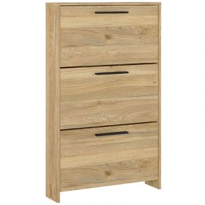 Pegane - Meuble &agrave; chaussures, commode &agrave; chaussures &agrave; 3 portes coloris ch&ecirc;ne Mauvella - Longueur 68,50 x profondeur 17 x hauteur 115,50 cm