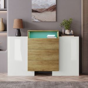 Fairwhale - Buffet moderne 140cm blanc brillant & bois - Éclairage led multicolore - Rangement élégant