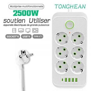 Multiprise Electrique,Bloc 6 Prises 2500W 10A 230V avec 4 Ports Chargeur (4 USB A+1 USB C) Prise Multi Parasurtenseur Parafoudre et Surtension avec